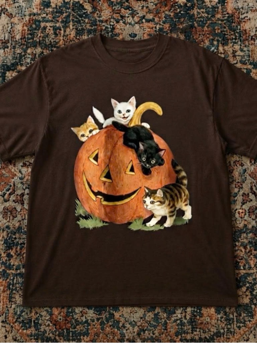 Halloween Pumpkin Cats Graphic T-Shirt - Brown